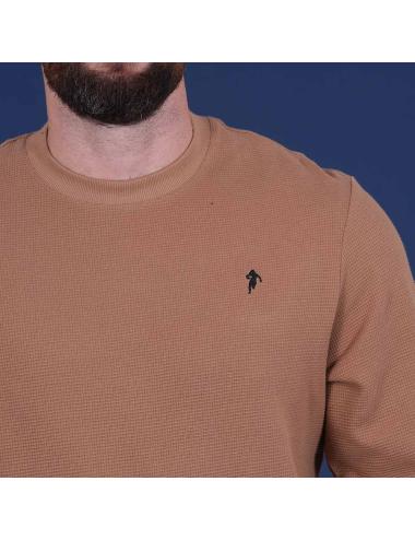 PULL LEGER COL ROND BEIGE FONCE